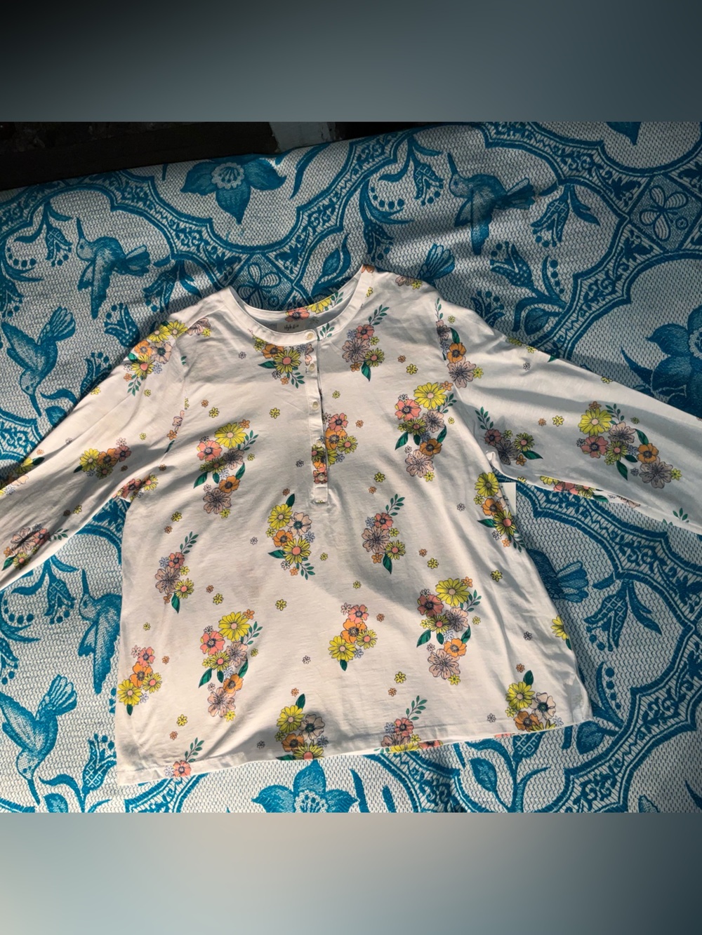 NWT Style & Co. Retro White Floral Long Sleeve Henley Top Plus Size 3X